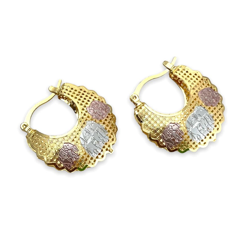 Three elephants filigree hollow tri-color hoops earrings in 18k of gold plated earrings