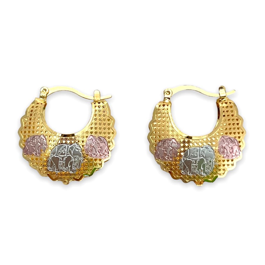 Three elephants filigree hollow tri-color hoops earrings in 18k of gold plated earrings