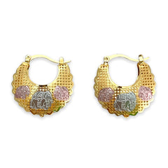 Three elephants filigree hollow tri-color hoops earrings in 18k of gold plated earrings