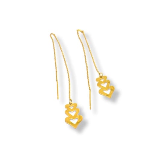 Three hearts threaders gold plated earrings