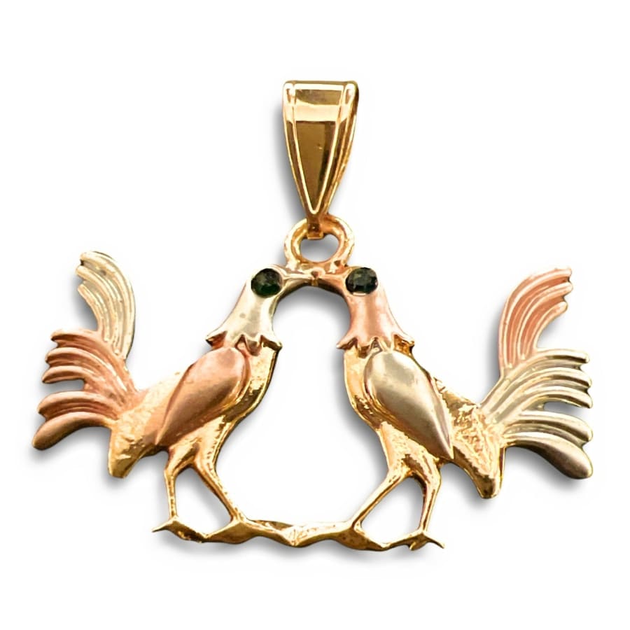 Tri-color fighting roosters pendant in 18k of gold layering charms & pendants