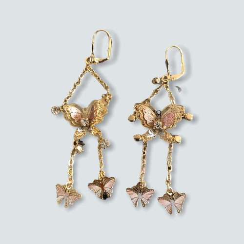 Tricolor filigree butterfly drop 18k of gold plated earrings