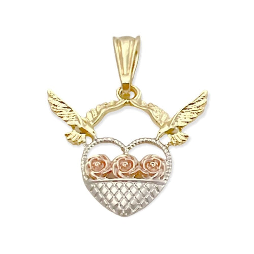 Tricolor heart with roses pendant in 18k of gold layering charms & pendants