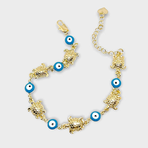 Filigree hamsa hands with blue and turquoise evil eye charm anklet 18k of gold plated