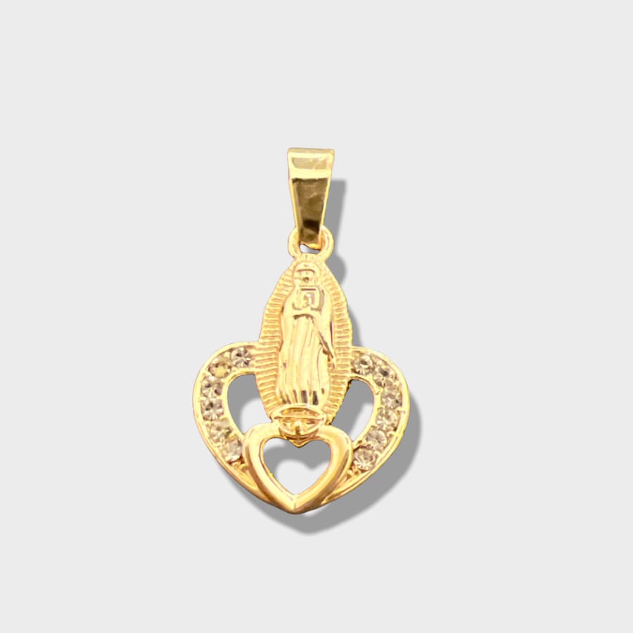 Virgin guadalupe on top of heart pendant in 18k gold layering charms & pendants